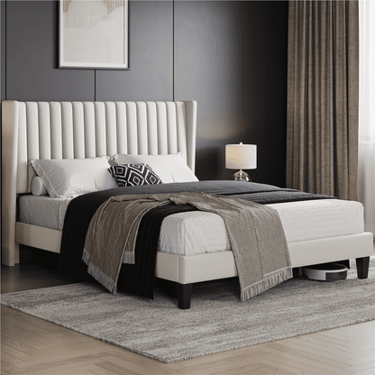 Hommeco Ivory Upholstered Wingback Queen Platform Bed