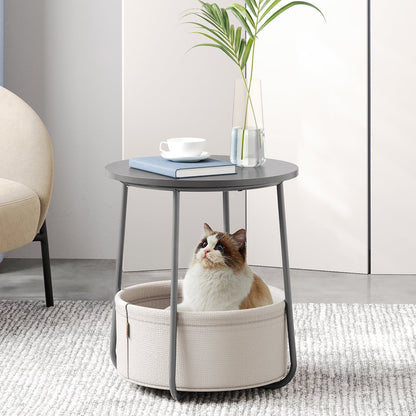 Round Side Table with Fabric Storage Basket - Modern Nightstand & End Table (Dove Gray/White)