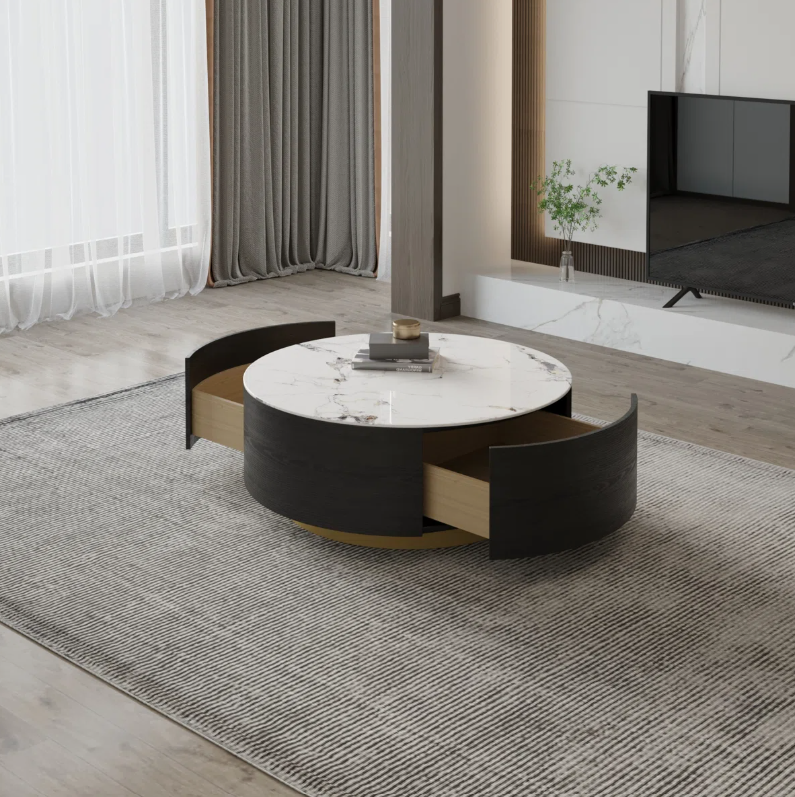 Hommeco Round Coffee Table with Storage, 2 Drawers