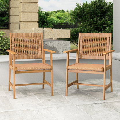 2-Piece Acacia Wood Patio Dining Chairs (Weight Capacity 350 Lbs) with Rattan Seat & Back, Natural Wood Outdoor Chairs