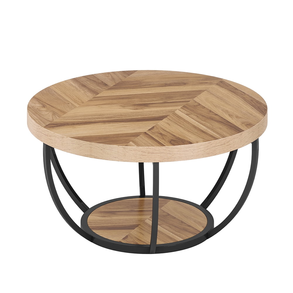 Hommeco 2-Tier Round Natural Wood Coffee Table - Small Modern Design with Storage