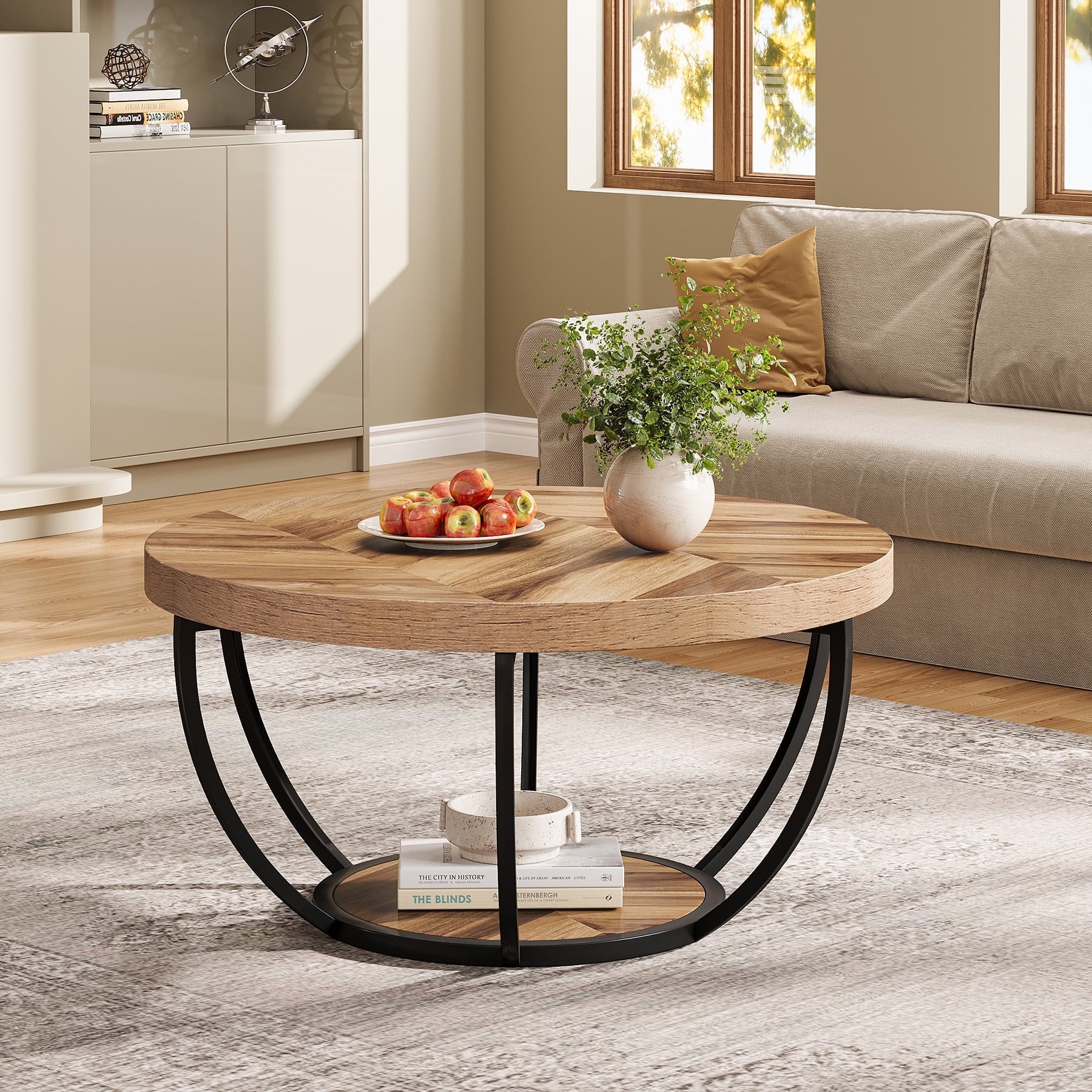 32" Round 2-Tier Coffee Table with Storage - Modern Wood & Metal