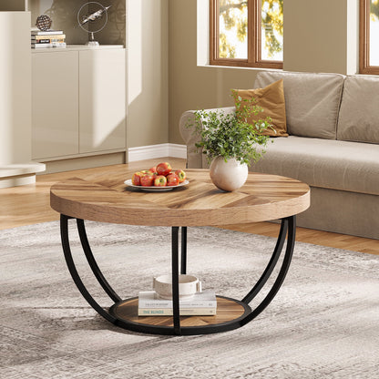 32" Round 2-Tier Coffee Table with Storage - Modern Wood & Metal