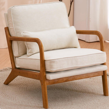 Modern Linen Accent Chair – Beige Reading Chair with Solid Wood Frame