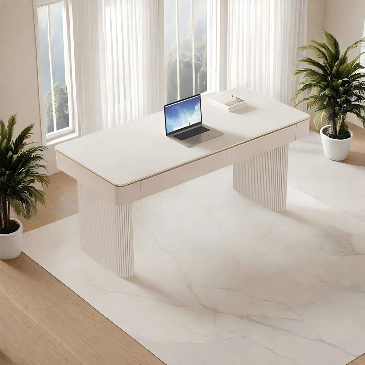 Hommeco White Rectangular Sintered Stone Desk – 2-Drawer with Metal Legs