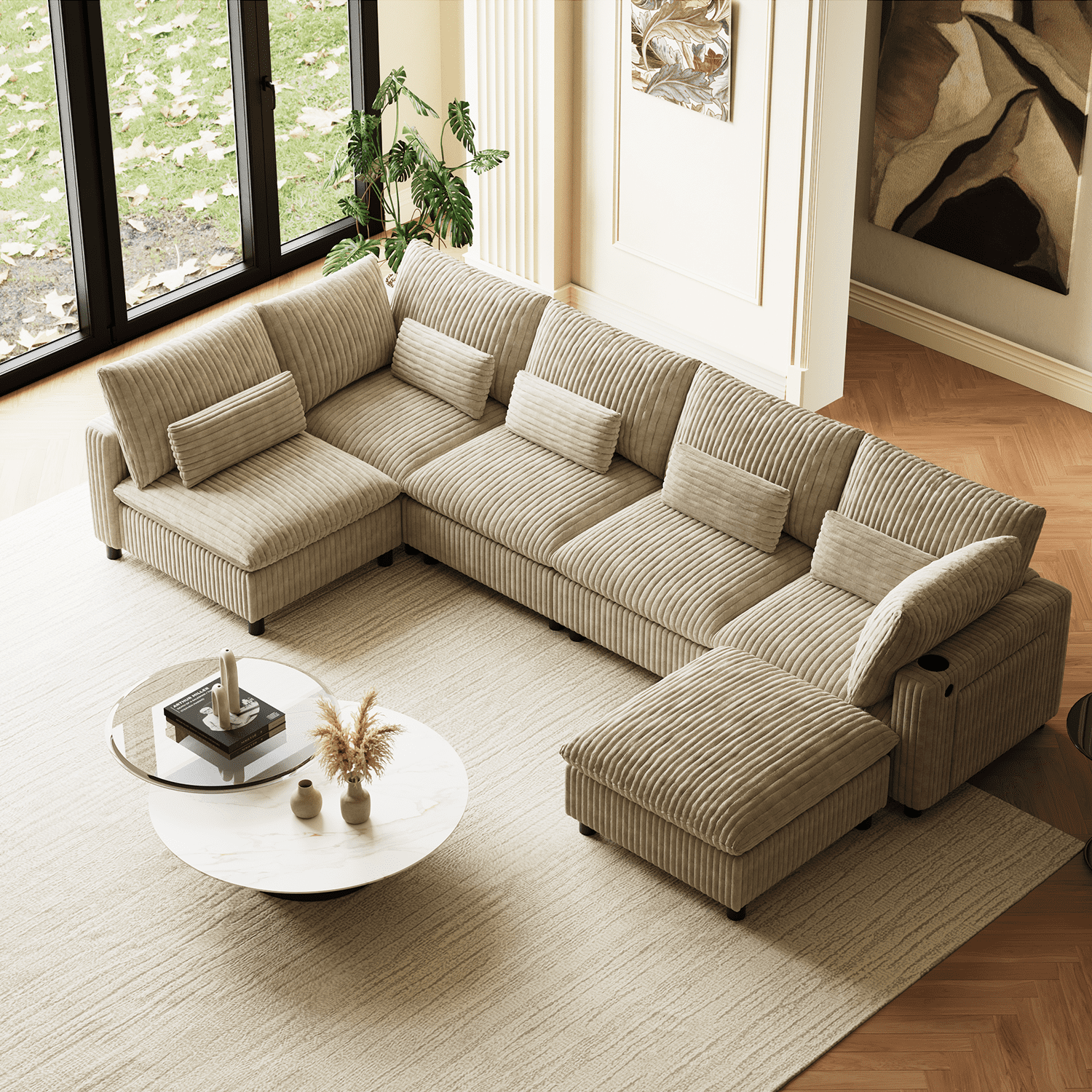 130" Oversized U-Shape Cloud Couch - 6-Seat Corduroy Modular Sectional with USB & Storage