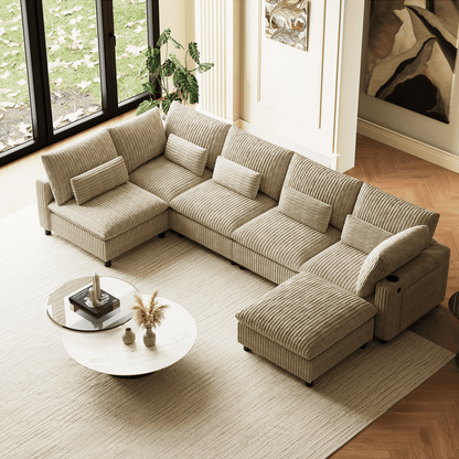 130" Oversized U-Shape Cloud Couch - 6-Seat Corduroy Modular Sectional with USB & Storage