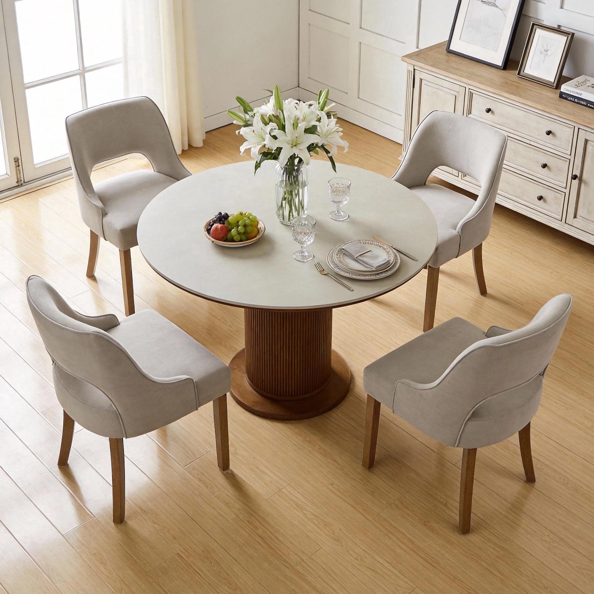 Set of 4 Modern Wooden Dining Chairs – Linen Fabric with Cutout Back