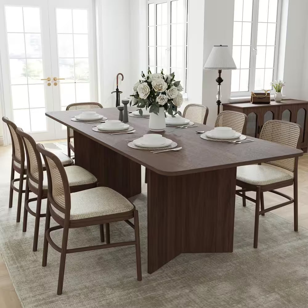 Brix Modern Rectangle Walnut Wood Top 79 In. Double Pedestal Base Dining Table Seats 8