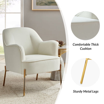 Mid-Century Modern Velvet Upholstered Accent Chair Metal Legs Curved Backrest Lounge Home Armchair Bedroom Ivory