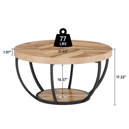 Hommeco 2-Tier Round Natural Wood Coffee Table - Small Modern Design with Storage