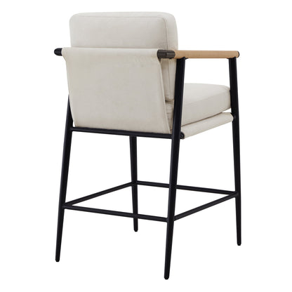 Modern Upholstered Bar Stools with Metal Frame and Wooden Armrests, Fabric in Beige