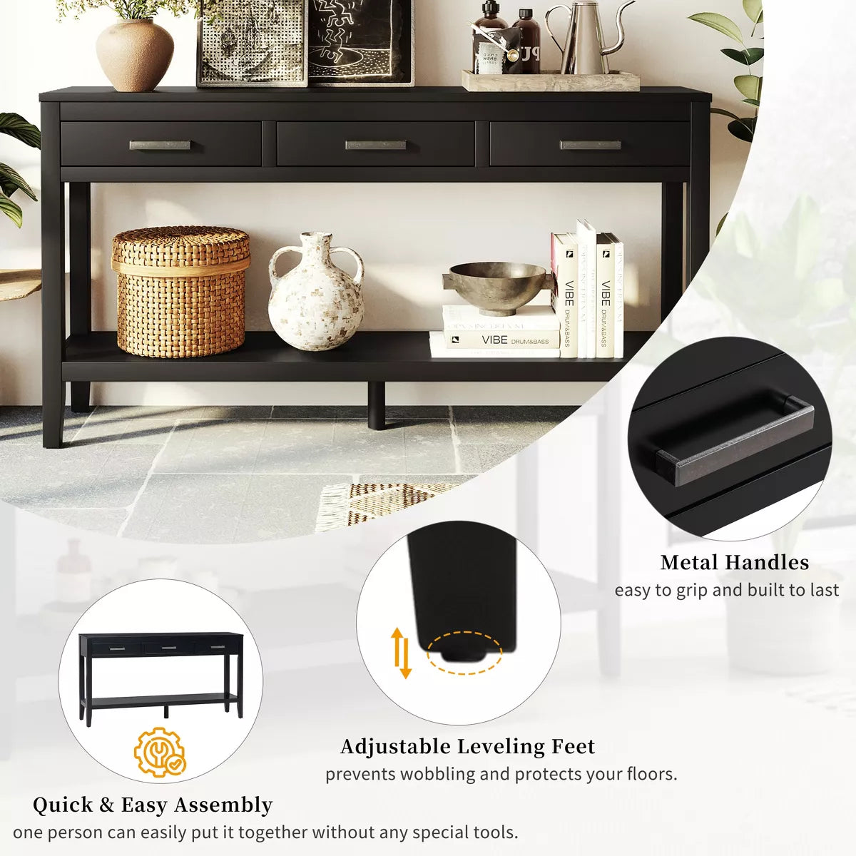 Modern Living Room Console Table – 59" Wide Sideboard with 3 Drawers