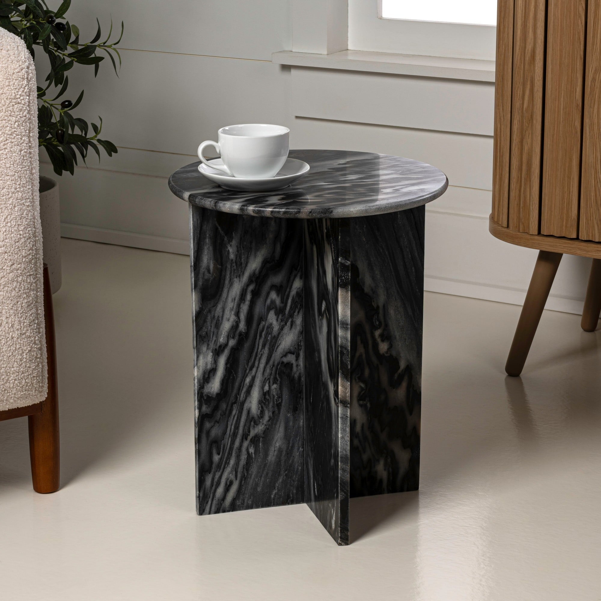 Hommeco 17.75" Contemporary Natural Marble X-Shaped End Table - Handmade Black & Gray
