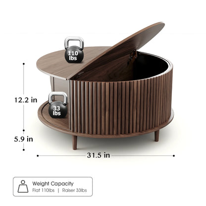 Round Walnut Coffee Table with Sliding Door Storage – Mid-Century Modern