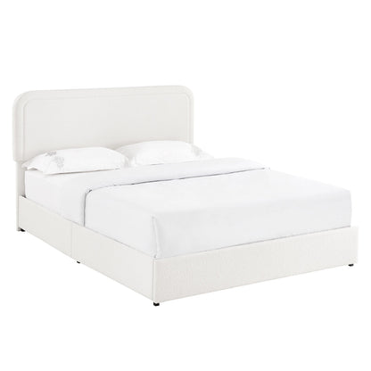 Ivory Bouclé Queen Storage Bed – Curved Tufted Headboard with 2 Drawers