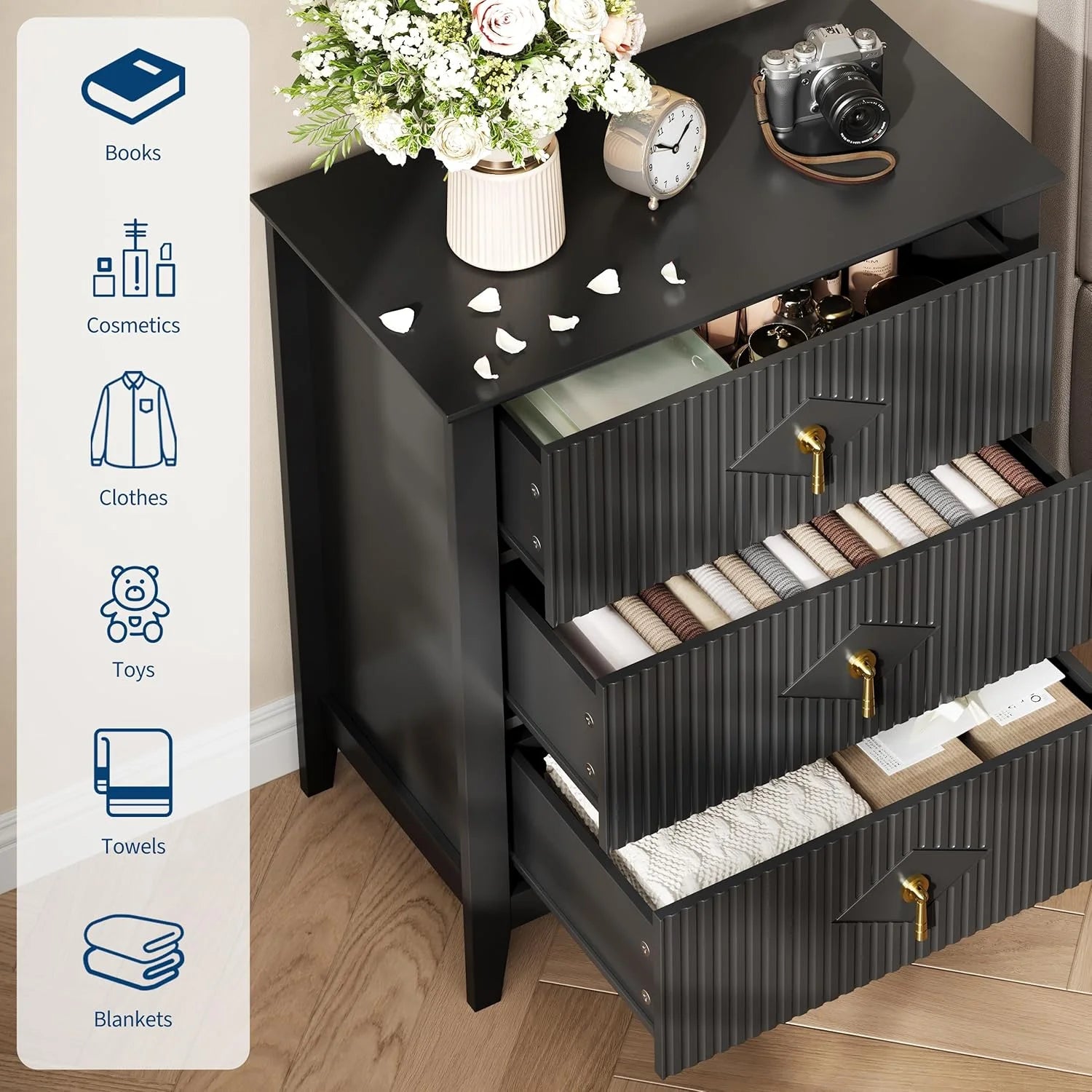 Fluted Dresser for Bedroom 27.5" Wide, 3-Drawer Wood Dresser Nightstand for Bedroom, Modern Chest of Drawers, Storage Organizer Cabinet for Living Room, Hallway, Entryway, Black