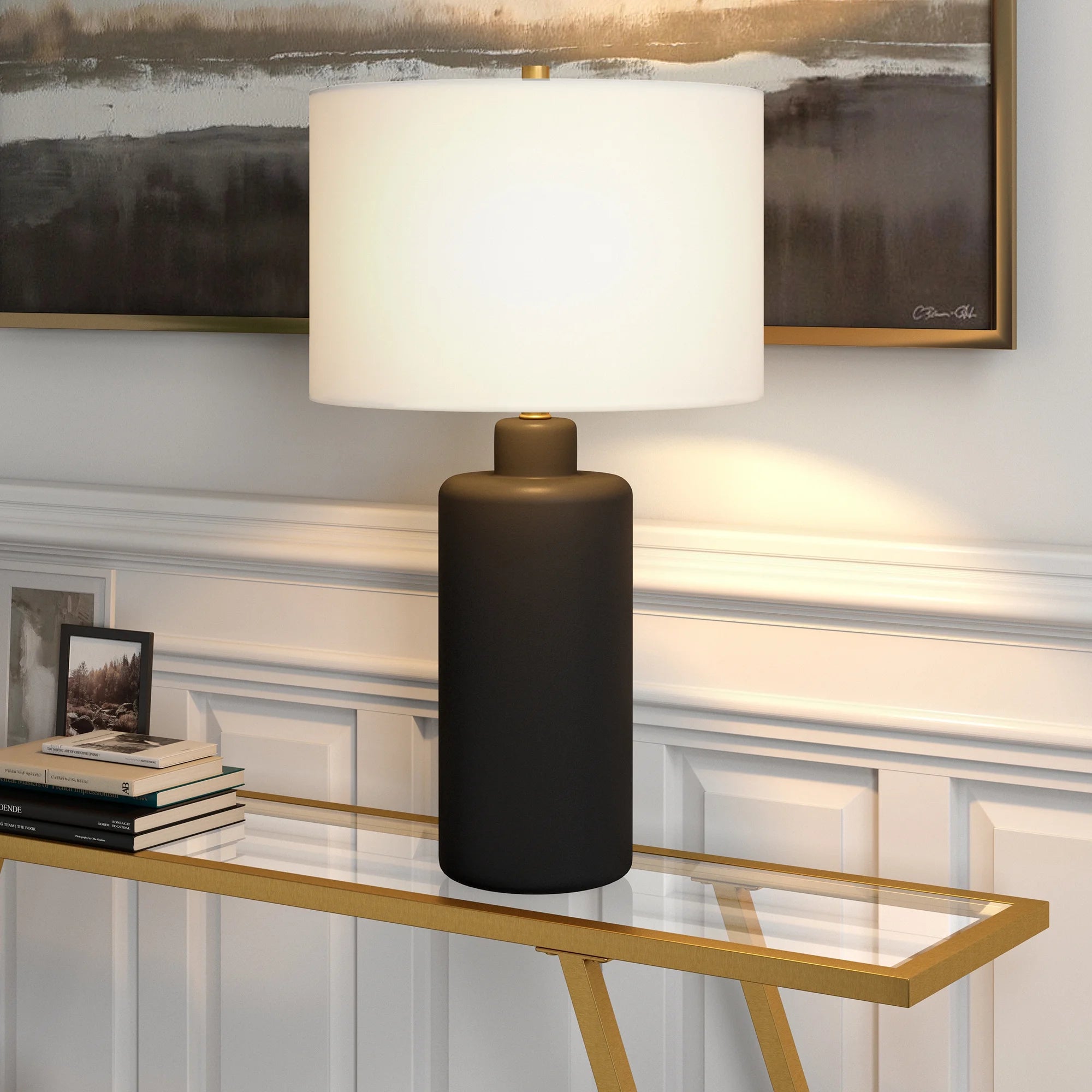 25" Contemporary Ceramic Table Lamp with White Drum Linen Shade