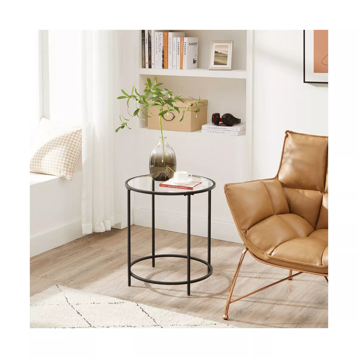 VASAGLE round Side Table, Glass End Table with Metal Frame, Laurel Green Coffee Table with Modern Style
