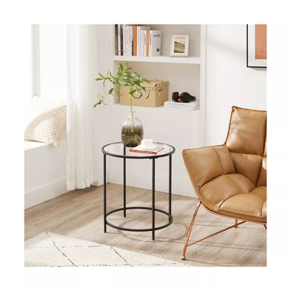 VASAGLE round Side Table, Glass End Table with Metal Frame, Laurel Green Coffee Table with Modern Style