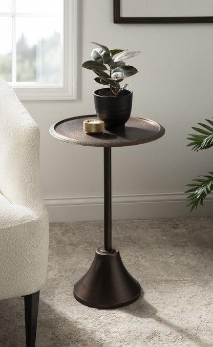Modern Bronze Pedestal Side Table - 24" Hammered Metal End Table