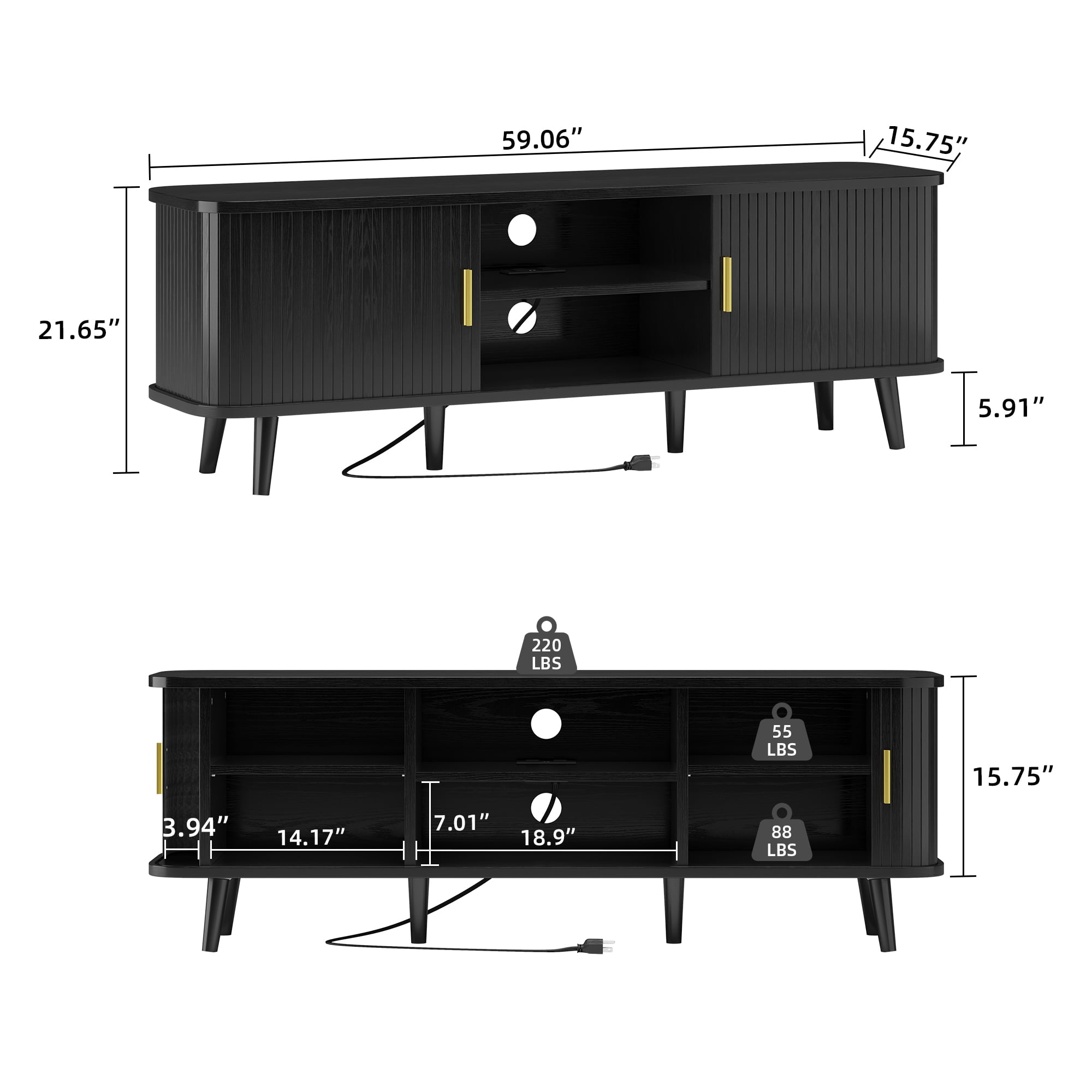 59" Modern TV Stand with Power Outlet & Sliding Doors – Black