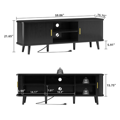 59" Modern TV Stand with Power Outlet & Sliding Doors – Black