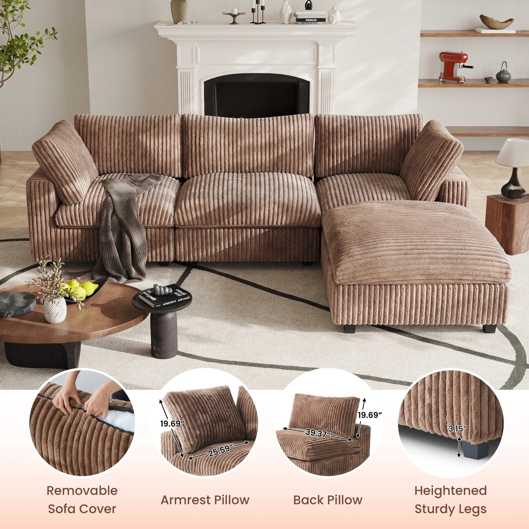 4-Seat Brown Plush Cloud Sofa | Deep Seat Modular U-Shape