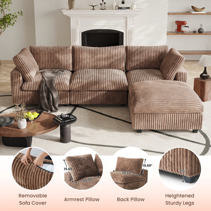 4-Seat Brown Plush Cloud Sofa | Deep Seat Modular U-Shape