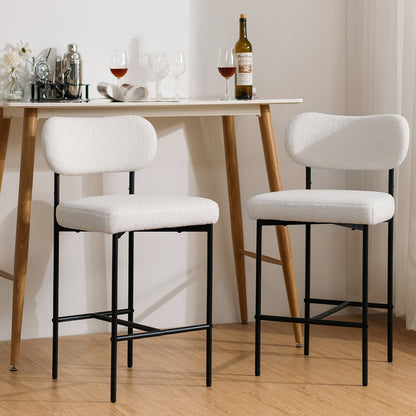 Set of 2 White Bouclé Bar Stools – 26" Counter Height with Backrest