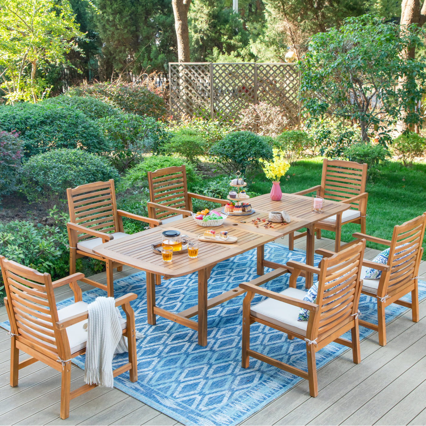 7-Piece Acacia Wood Outdoor Patio Dining Set with 6 Wooden Chairs with Cushions & 1 Expandable Wooden Dining Table for 6-8 Person