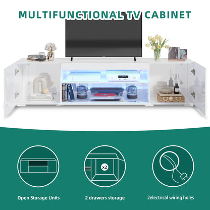 Large LED TV Stand for 75 Inch Tvs White High Glossy Media Center with 2 Cabinets and 1 Drawer for Living Room, 70"