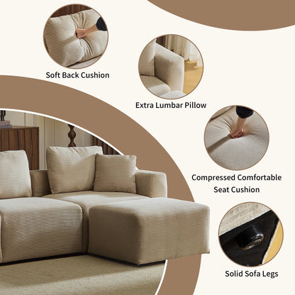 L-Shaped Sectional Sofa 112" W 3-Seater Corduroy Boneless Couch with Movable Ottoman Chaise
