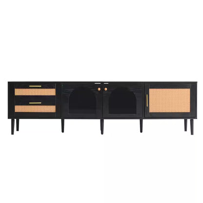 Rattan Black TV Stand Entertainment Center Fits Tv'S up to 80 In. with 2 Drawers, 3 Cabinets and LED Light