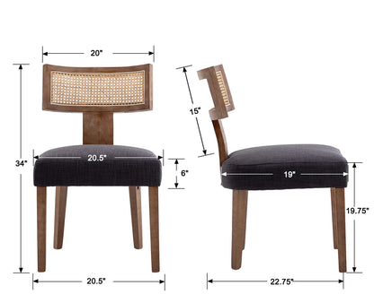 Modern Rattan Backrest Dining Chairs Set of 2, Mid-Century Farmhouse Linen Upholstered Kitchen Chairs Solid Wood Side Chairs for Kitchen Dining Room Living Room, Charcoal