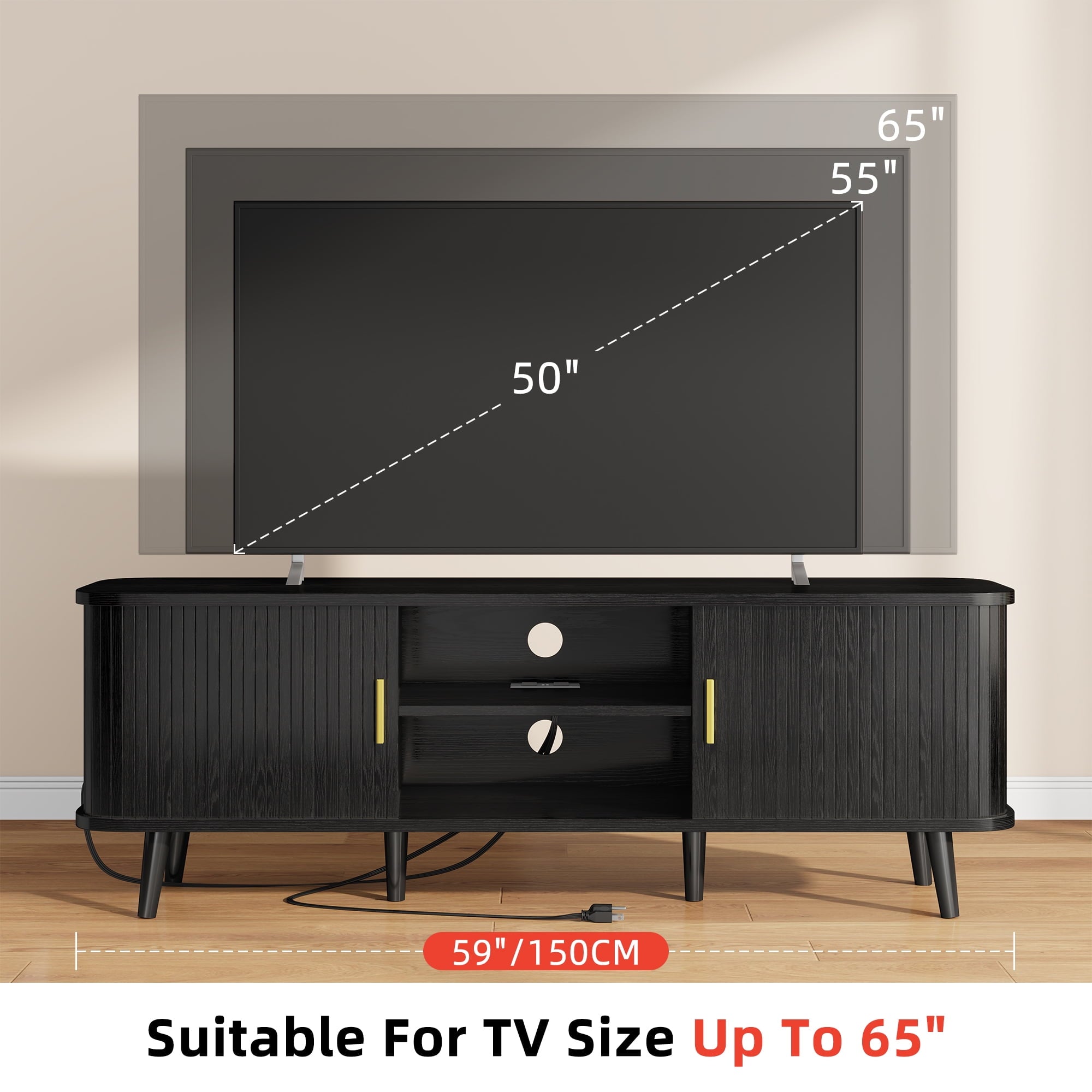 59" Modern TV Stand with Power Outlet & Sliding Doors – Black