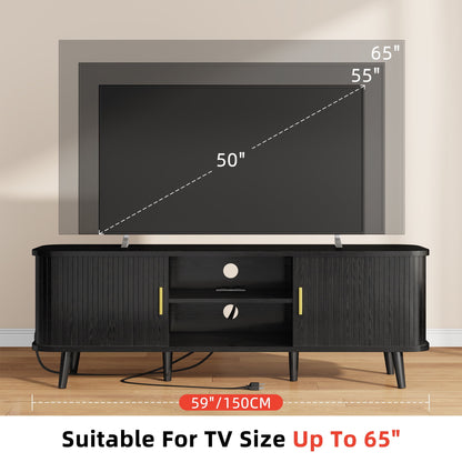 59" Modern TV Stand with Power Outlet & Sliding Doors – Black