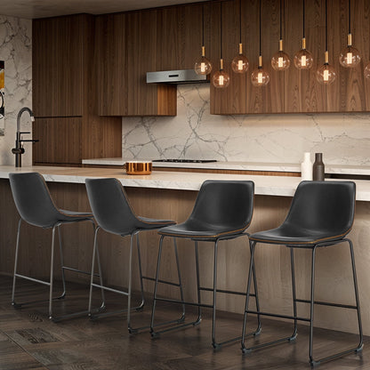 26-Inch Modern Metal Bar Stools | Brown Faux Leather (Set of 2)