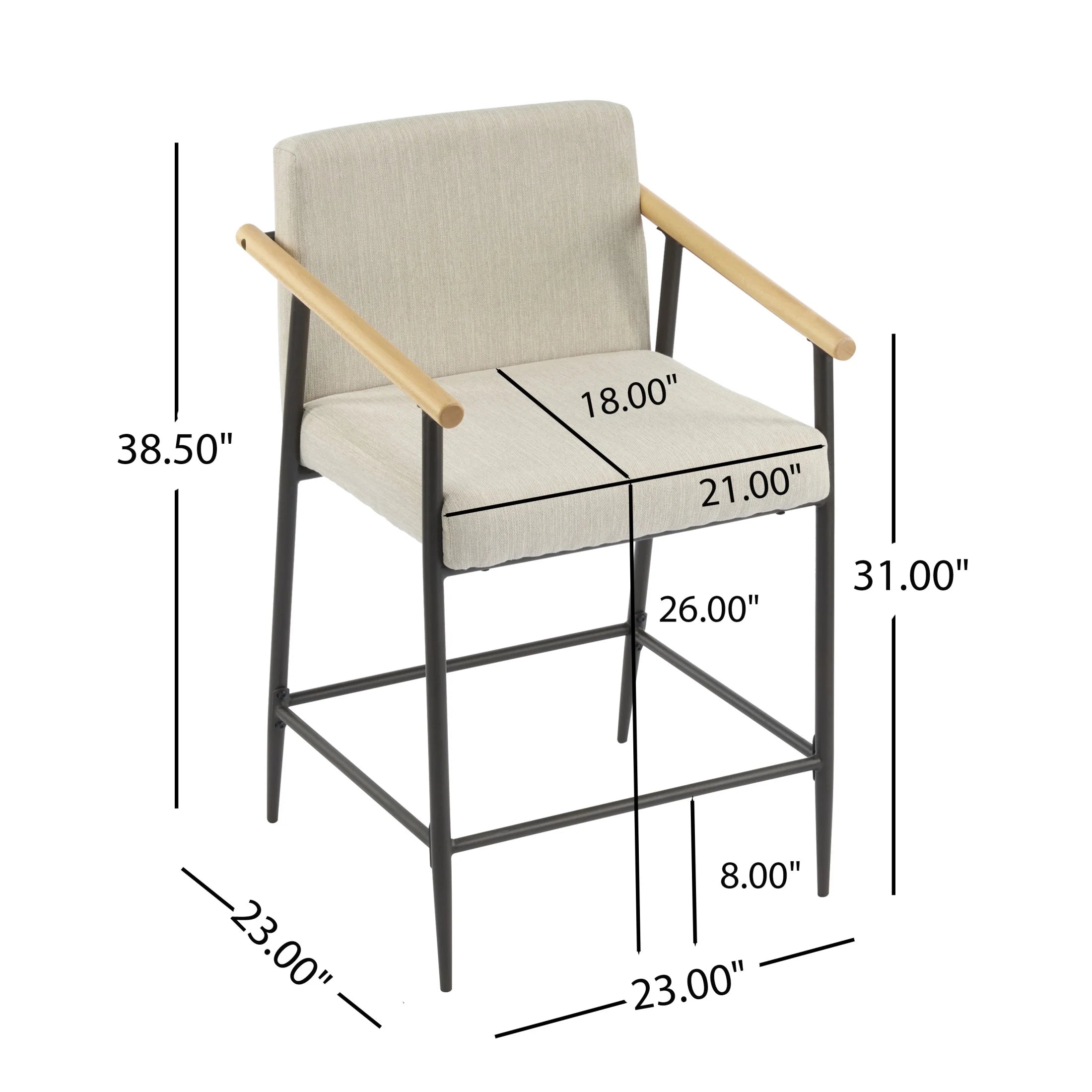 Beige Cushion, Counter Height Stools, Metal Frame, Wood Armrests, Set of 2