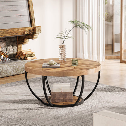 32" Round 2-Tier Coffee Table with Storage - Modern Wood & Metal