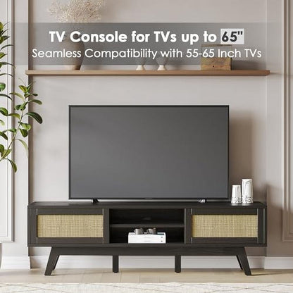 Black Rattan TV Stand for 65" TV - Boho Mid Century Modern Media Console with Sliding Doors