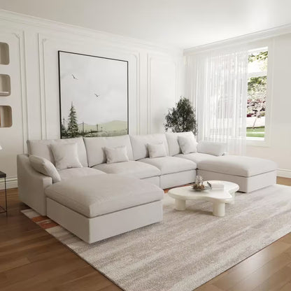 Hommeco 155" Modular 6-Piece Slope Arm Linen Sectional Sofa with Ottoman - Beige