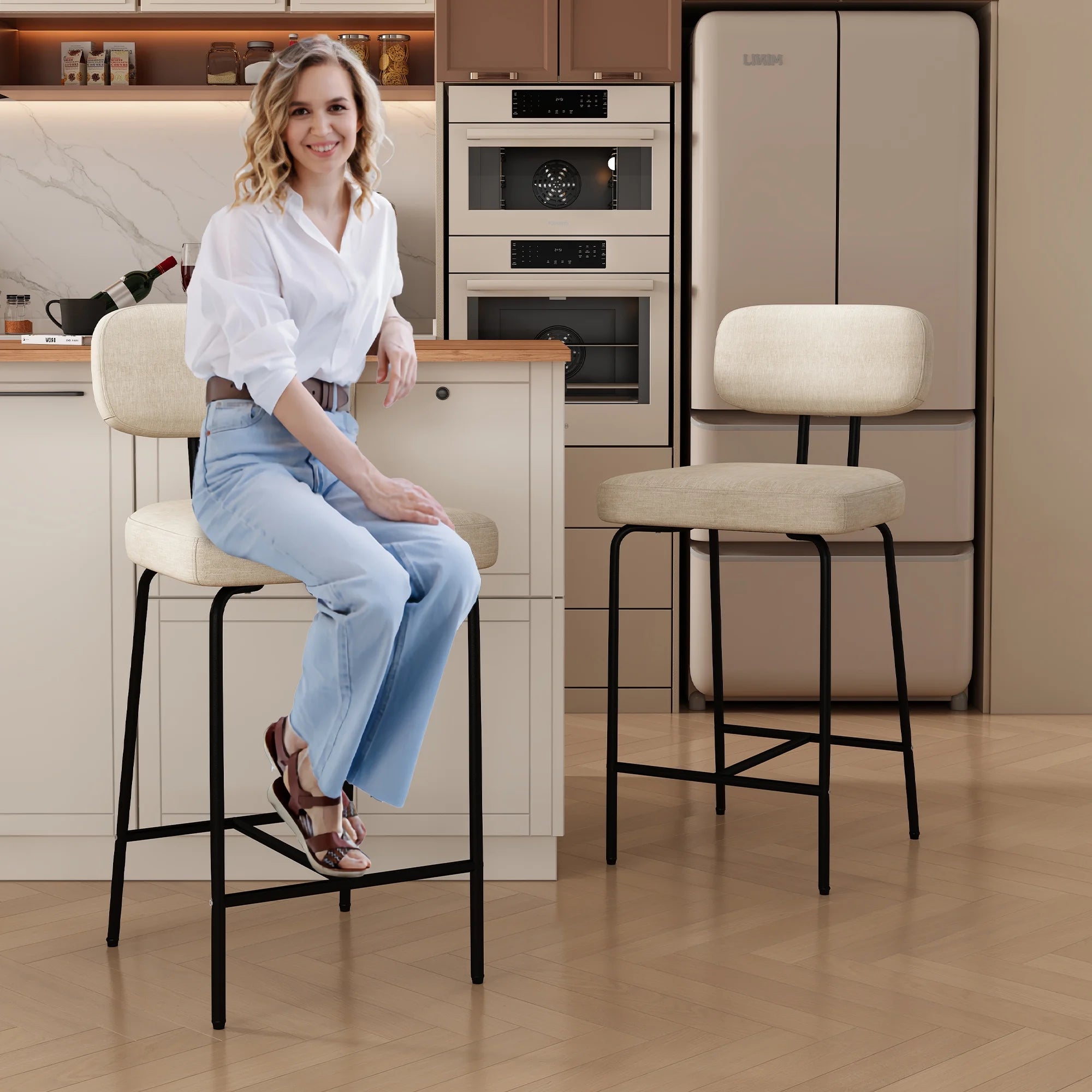 Bar Stools Set of 2, 26" Counter Height Barstools with Back and Footrest, Square Fabric Upholstered Stools, White