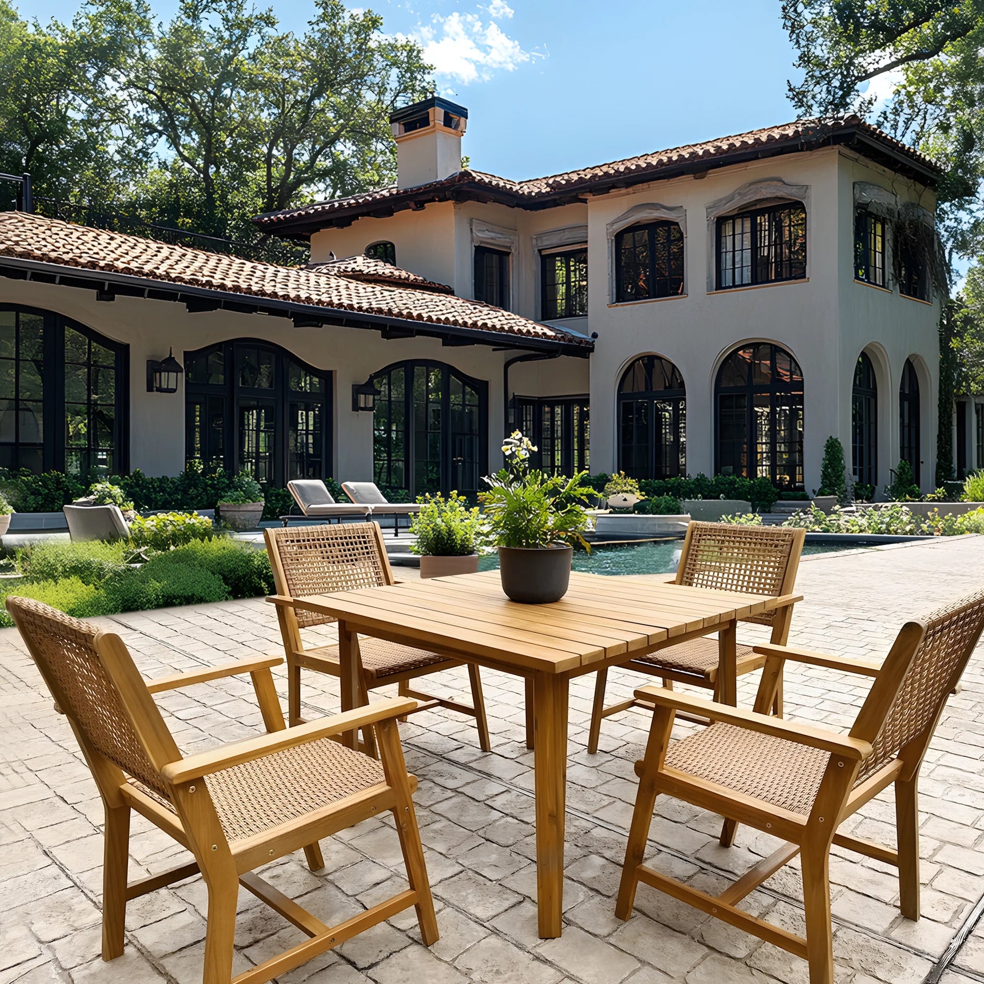 2-Piece Acacia Wood Patio Dining Chairs (Weight Capacity 350 Lbs) with Rattan Seat & Back, Natural Wood Outdoor Chairs