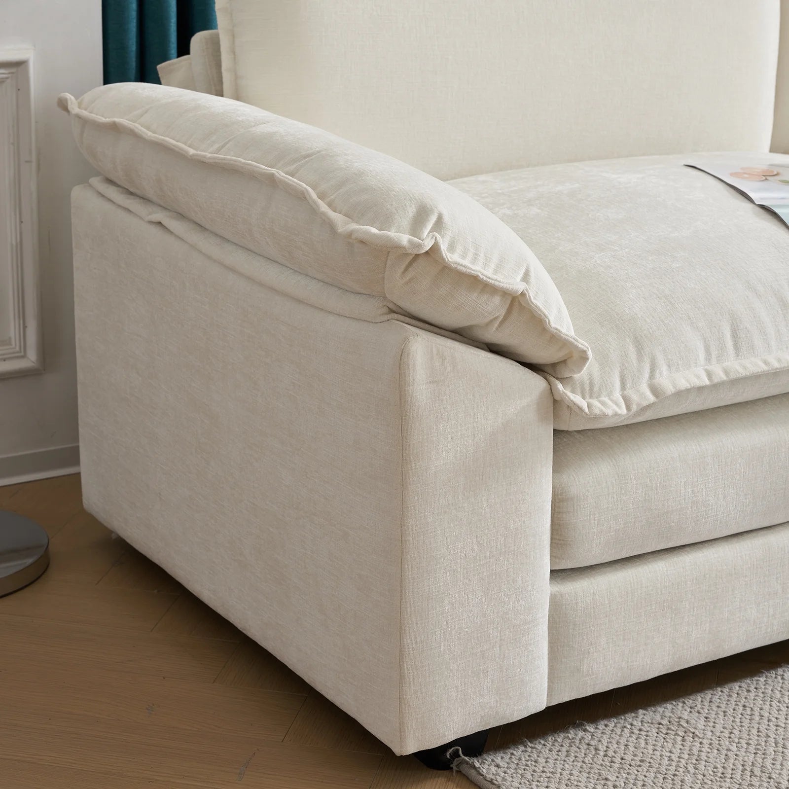 Sectional Sofa with Ottoman, L Shaped Convertible Couch with Removable Chaise Chenille Fabric Sofa Set for 4-6 Persons Living Room Furniture Beige