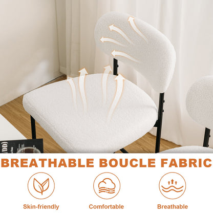 Set of 2 White Bouclé Bar Stools – 26" Counter Height with Backrest