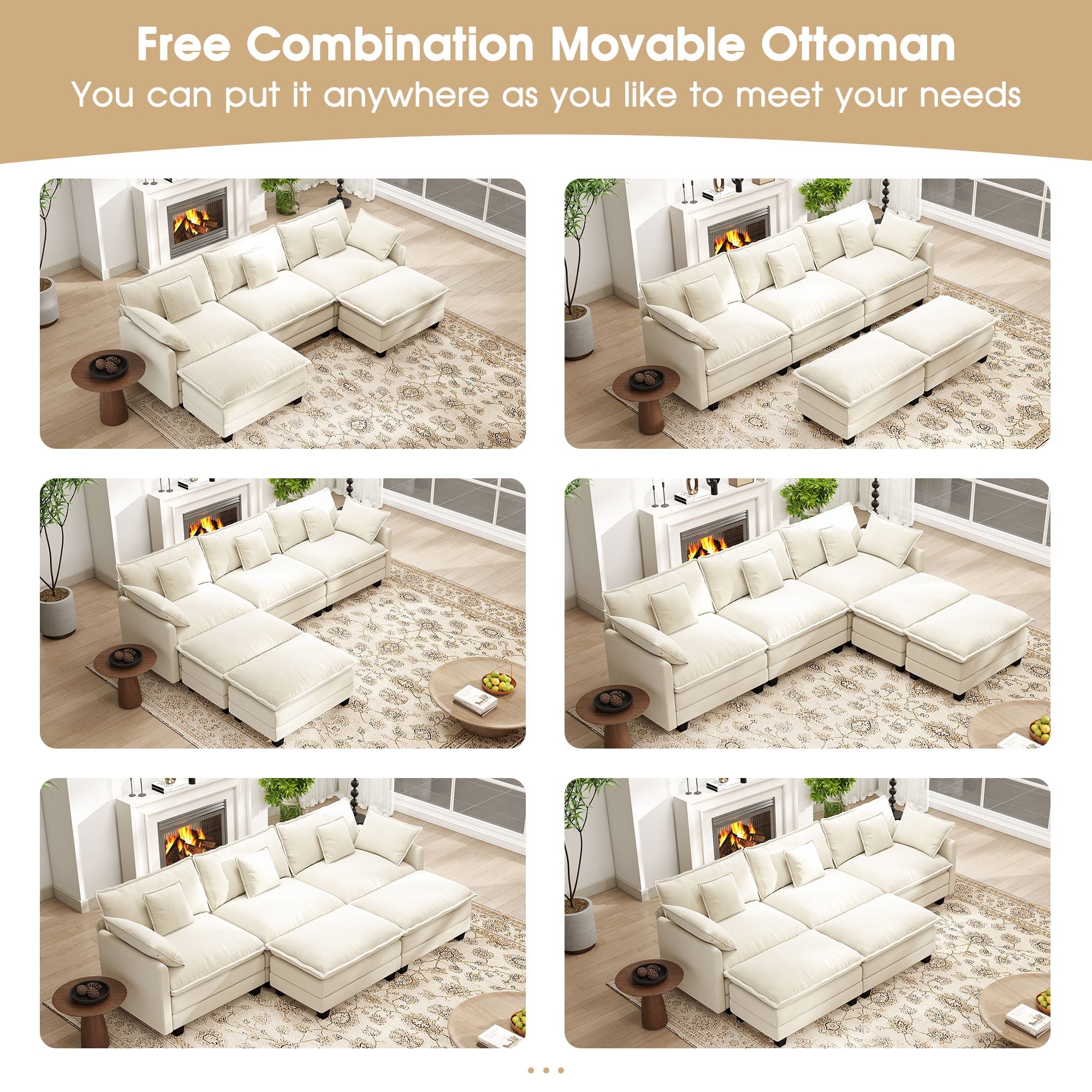 111.5" Modular U-Shaped Sectional Sofa - 3-Seat Beige Cloud Couch with Movable Ottomans