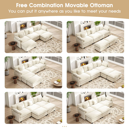 111.5" Modular U-Shaped Sectional Sofa - 3-Seat Beige Cloud Couch with Movable Ottomans