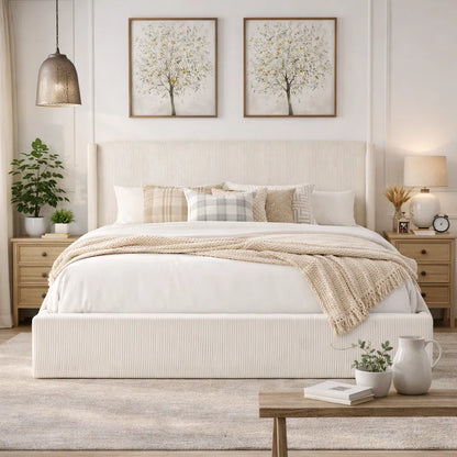 Wauseon Luxury Hydraulic Lift up Storage Corduroy Upholstered Platform Bed,Modern Wingback Design,No Box Spring Needed, Noise-Free