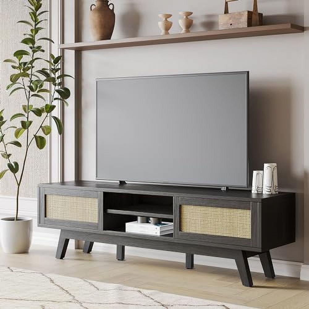 Black Rattan TV Stand for 65" TV - Boho Mid Century Modern Media Console with Sliding Doors